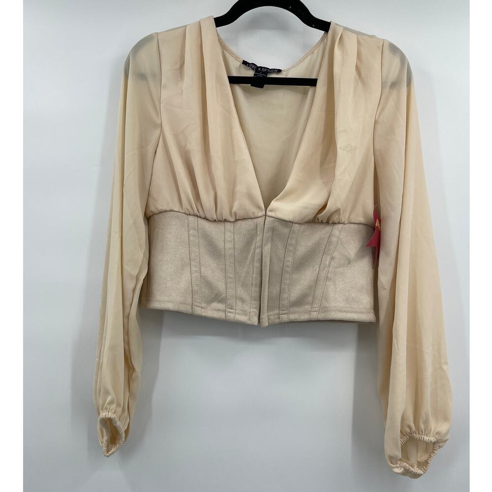 Love X Design Womens Crop Blouse Top Lantern Sleeves V-Neck Tan Beige Large NEW